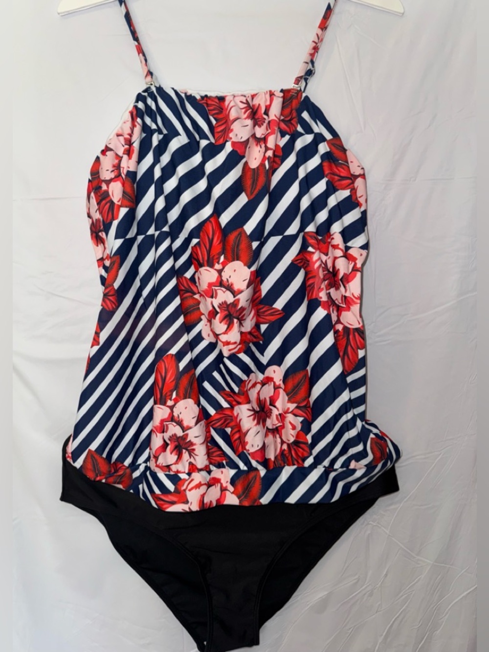 Navy Stripe & Red Floral Women’s Tankini Top and bikini